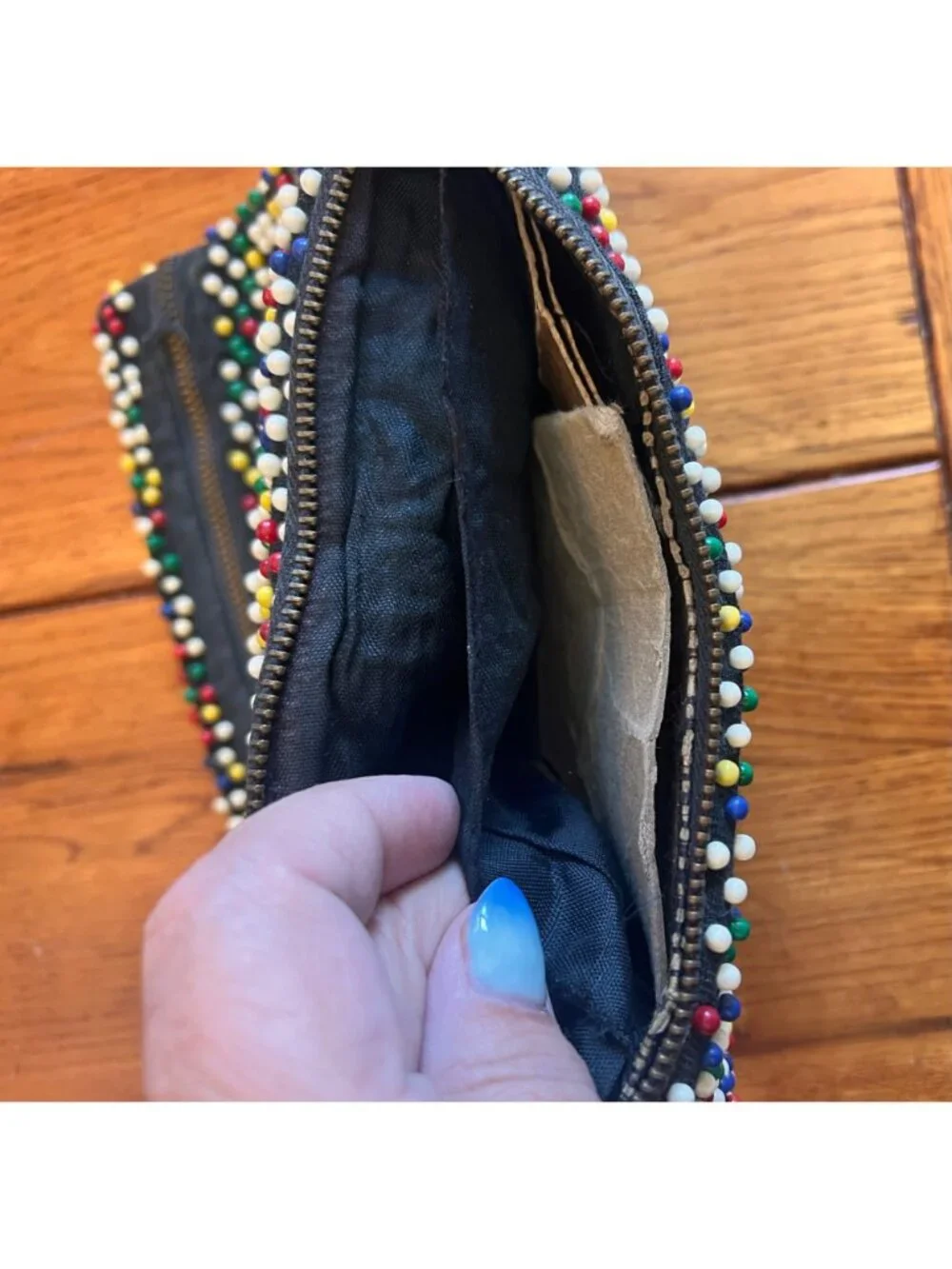 Vintage Beaded Multicolor Clutch With Metal Ring Accent Handcrafted Design 8.5